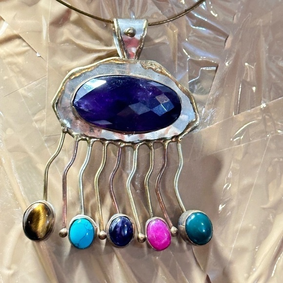 Elegant Artisan Multi Gemstone Pendant Hand Crafted 40mm Wire Necklace 4006 - Picture 8 of 16